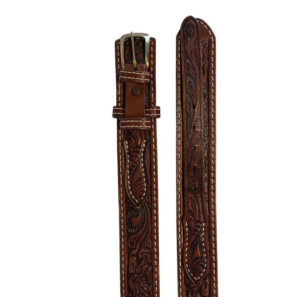 Nocona Brown Tooled Leather Belt Mens Size 30 Western Leaf Design - Picture 3 of 9